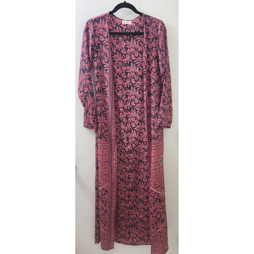 Luna Llena Pink Navy Floral Silk Blend Duster Cardigan Maxi Kimono Size 40
